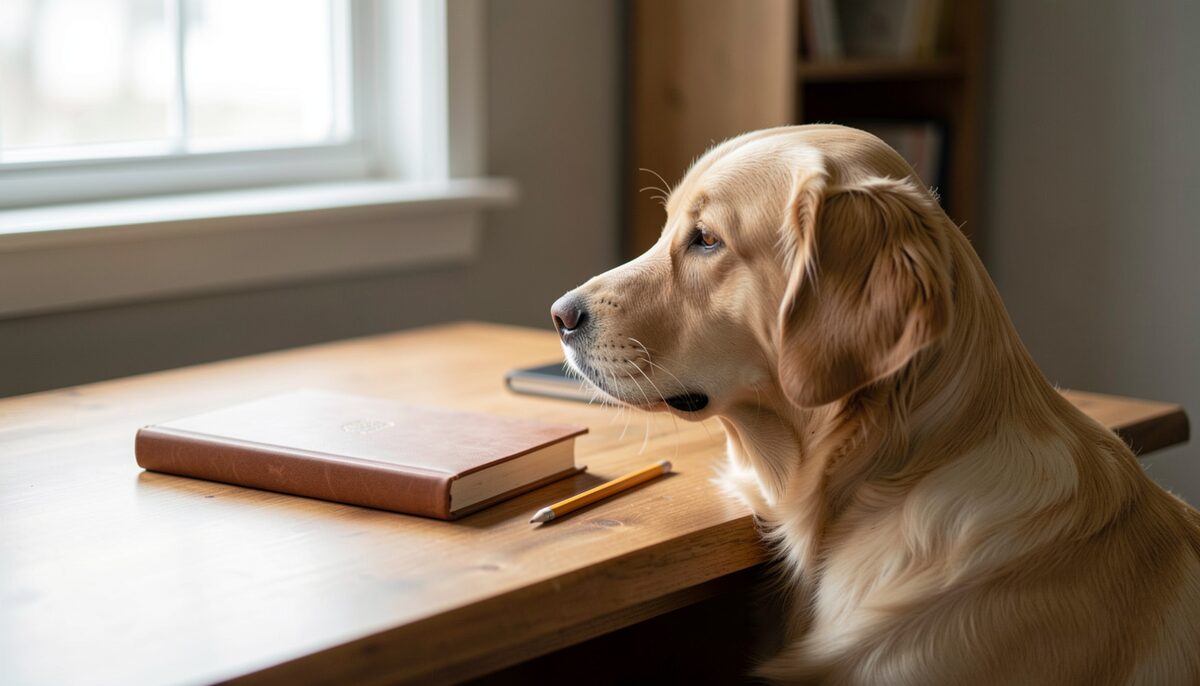 A golden retriever's head in profile beside a closed leather-bound stud book and a pencil on a wooden desk